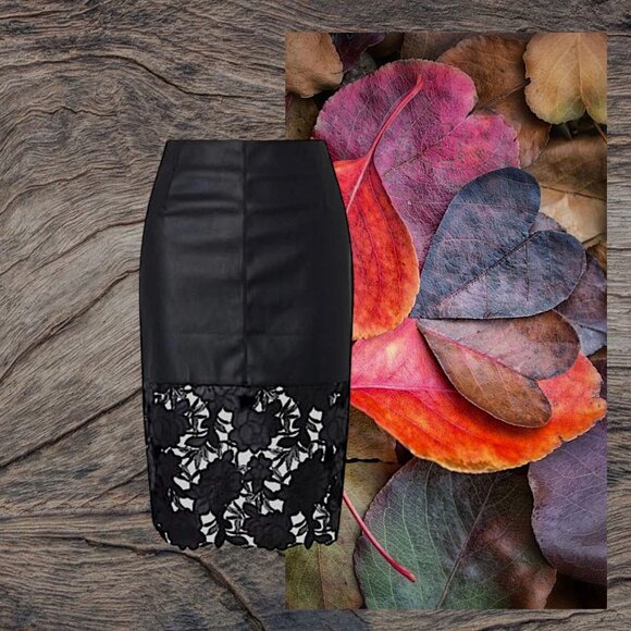 Beautiful Black Faux Leather Skirt  Lace Cut out bottom - Picture 1 of 5